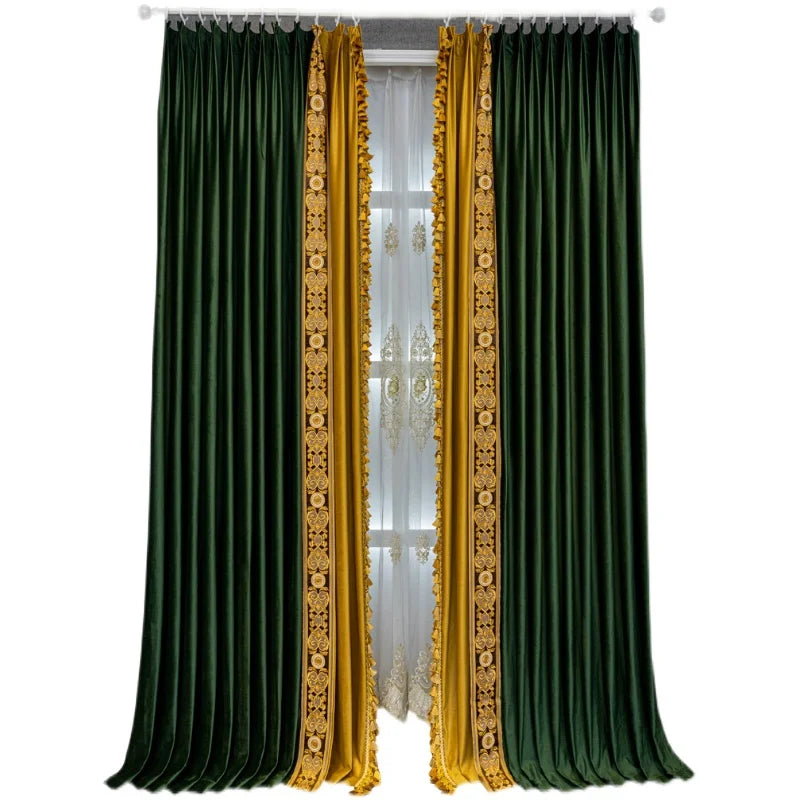 European High-end Lace Dark Green Velvet Blackout Thickened  Curtains