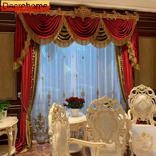 Gold Red Embroidered Window Screen Velvet Splicing Thickened Curtains