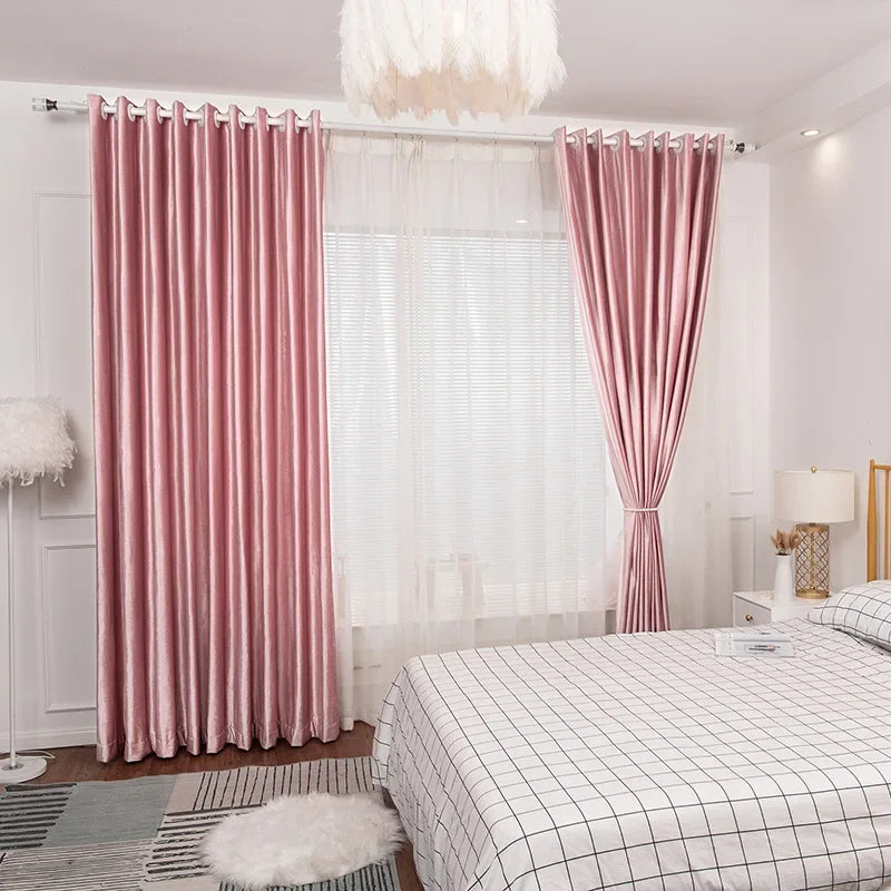 New Pink Girl Style Velvet Thickened Blackout Curtains for Living Room Bedroom French Window Customized Finished Window