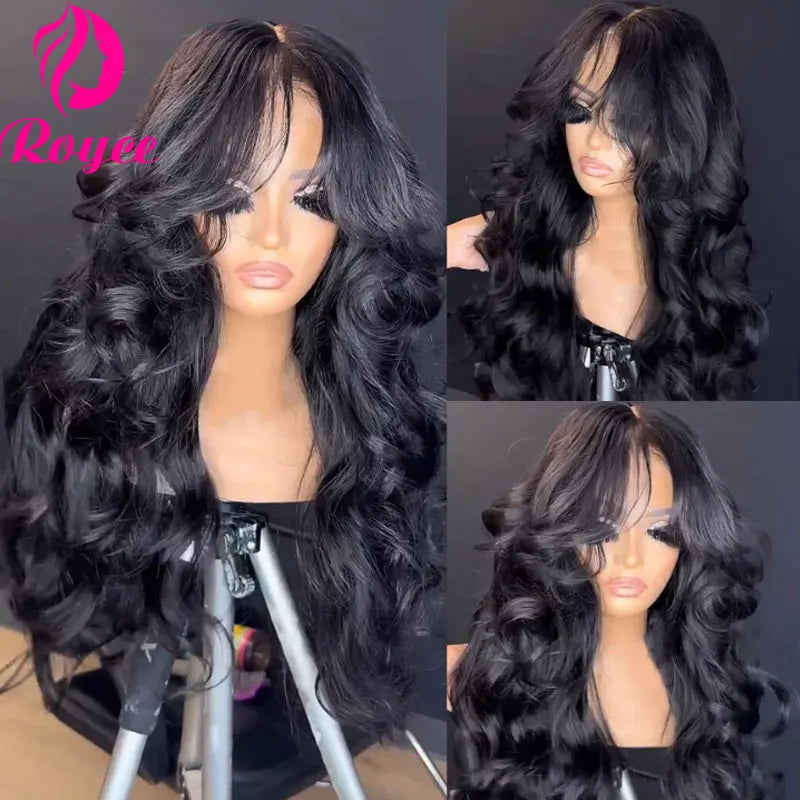 180 Density Curtain Bangs Loose Wave Lace Frontal 
Wig 30 inch 13x6 Lace Front Human Hair Wig For Women Nature Wave 4X4 Lace Wig