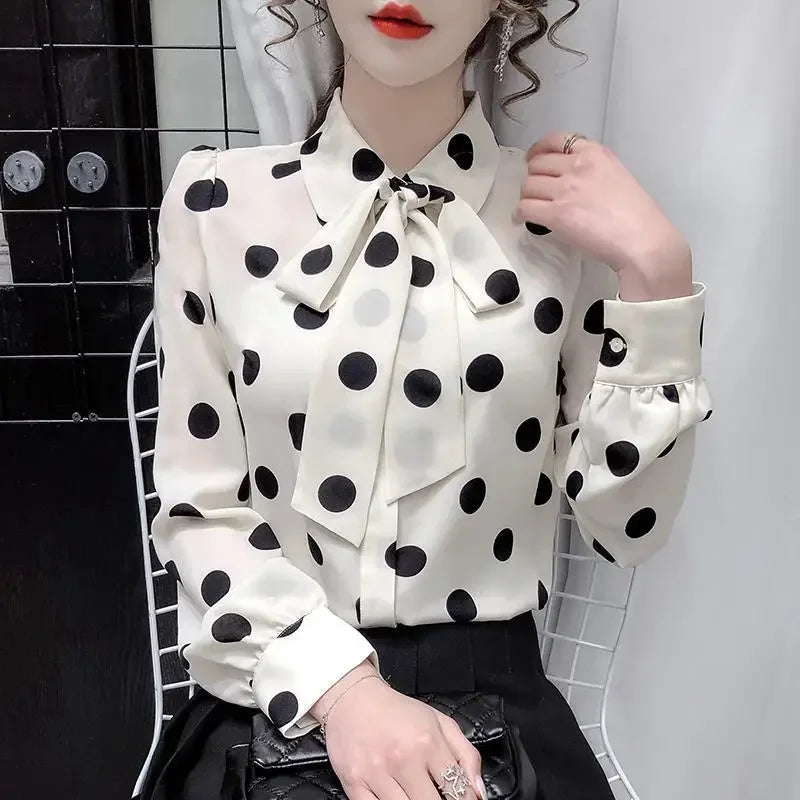 Polka Dot Print Bow Button Up Blouse