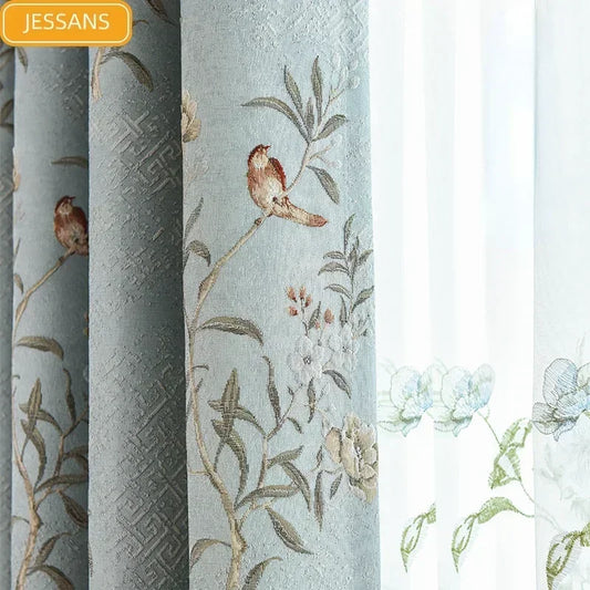 New Chinese Style Flower and Bird Jacquard Blackout Curtains for Living Room and Bedroom Window Screen Customization