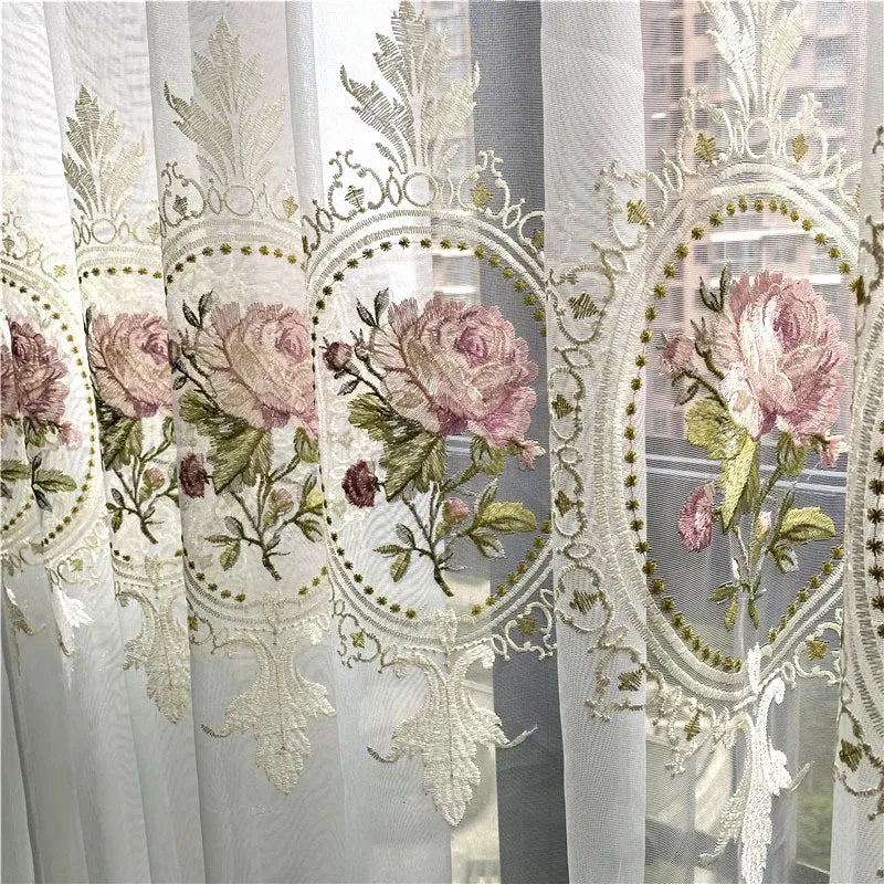 American Luxury Peony Embroidery Tulle Curtain