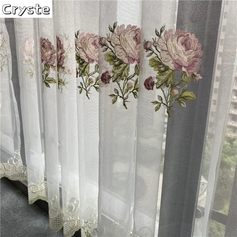 American Luxury Peony Embroidery Tulle Curtain