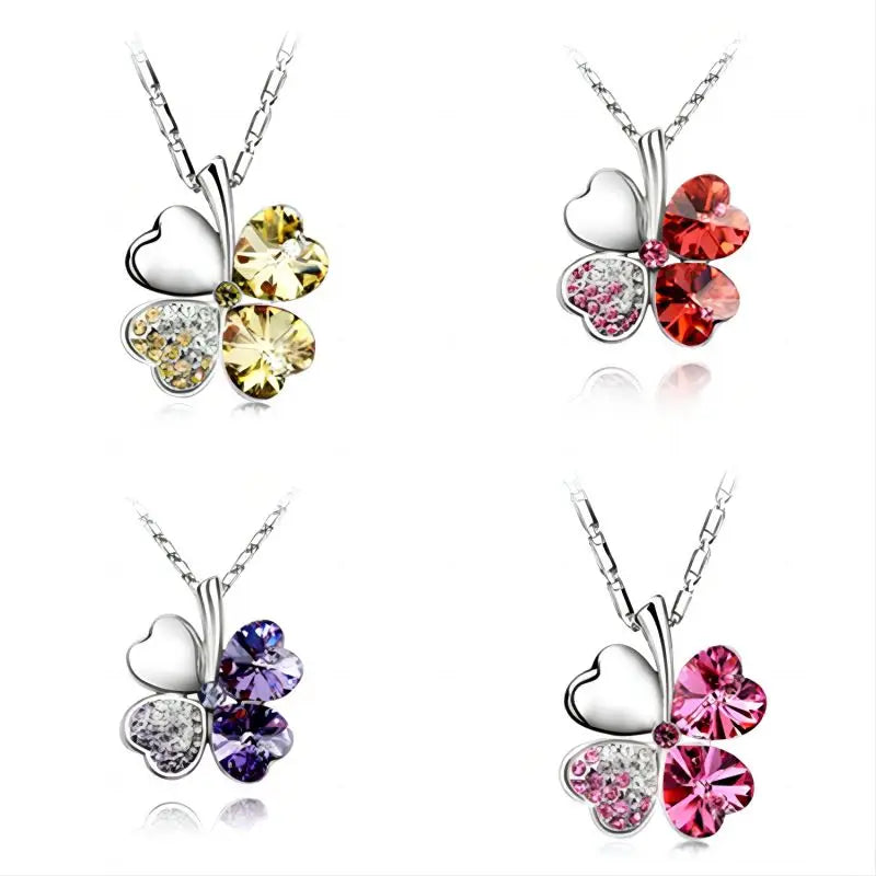 Crystal 4 Four Leaf Leaves Clover Pendant Necklace