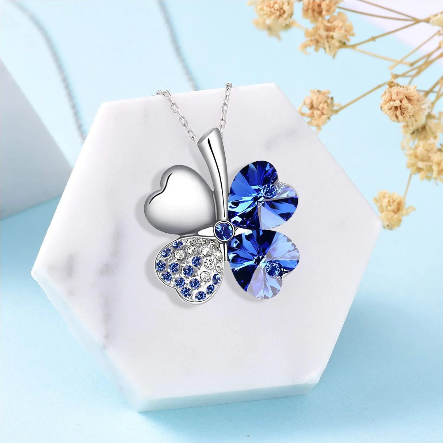 Crystal 4 Four Leaf Leaves Clover Pendant Necklace