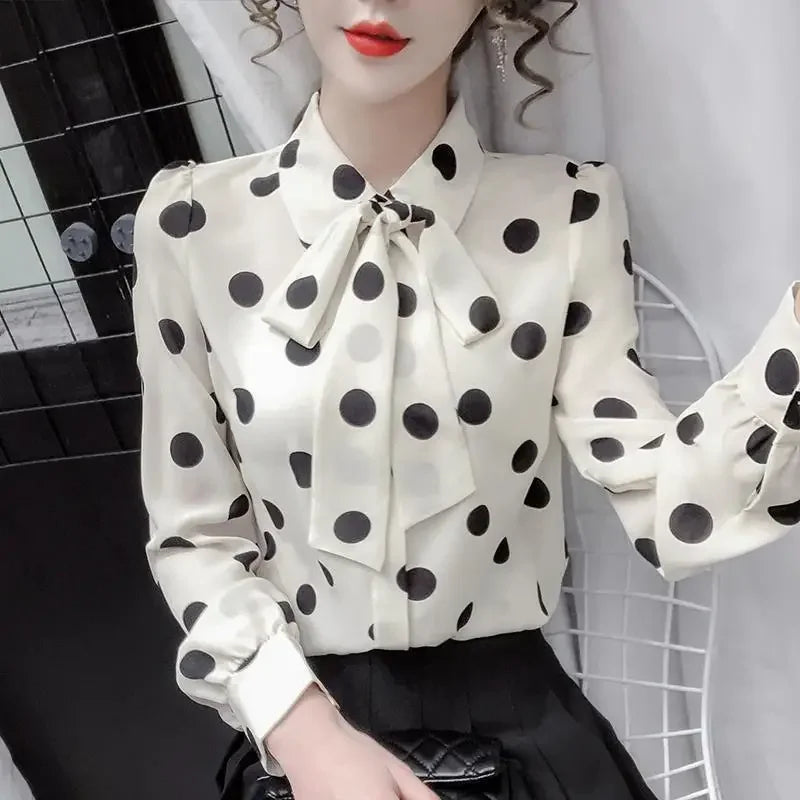 Polka Dot Print Bow Button Up Blouse