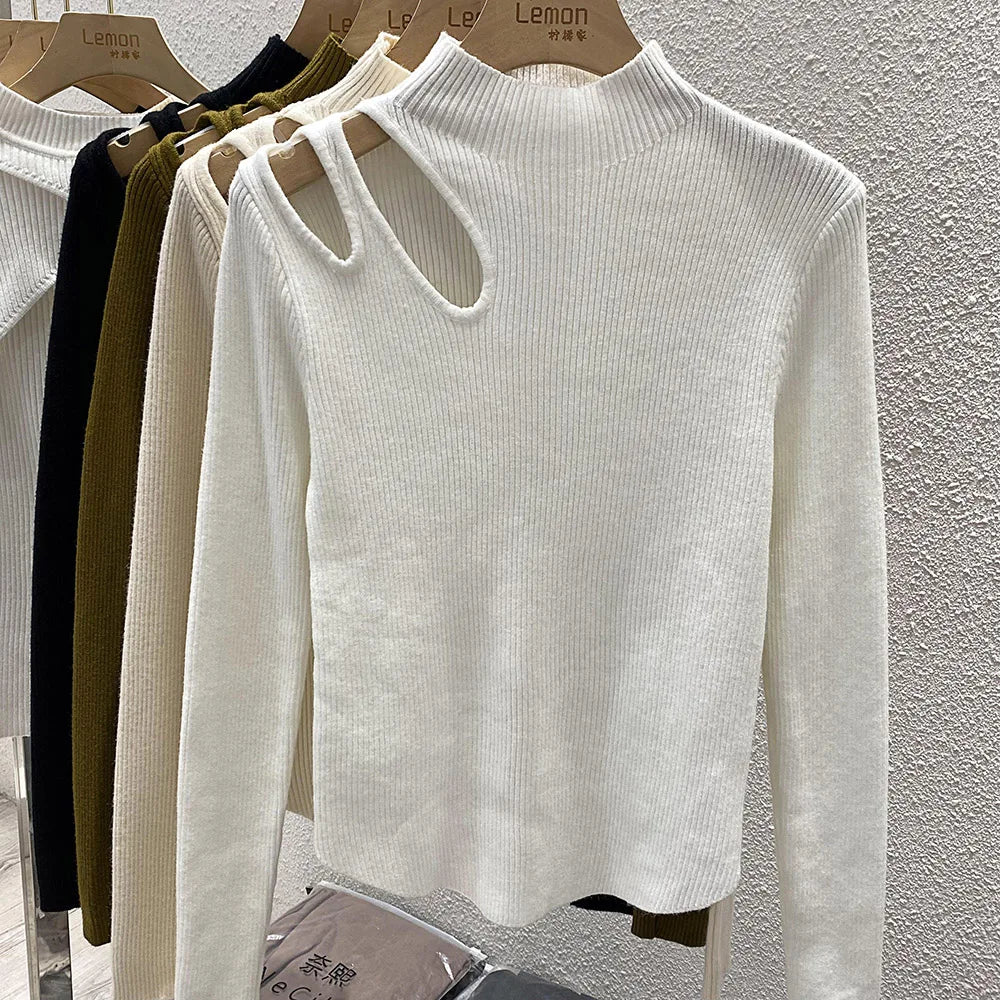 Hollow-out Turtleneck Knitted Ribbed Sweater