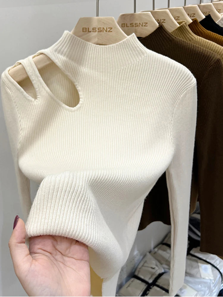 Hollow-out Turtleneck Knitted Ribbed Sweater