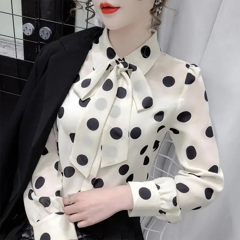 Polka Dot Print Bow Button Up Blouse