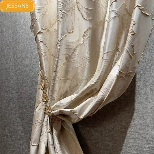 High-precision Embossed Gold Thread Jacquard Beige Leaf